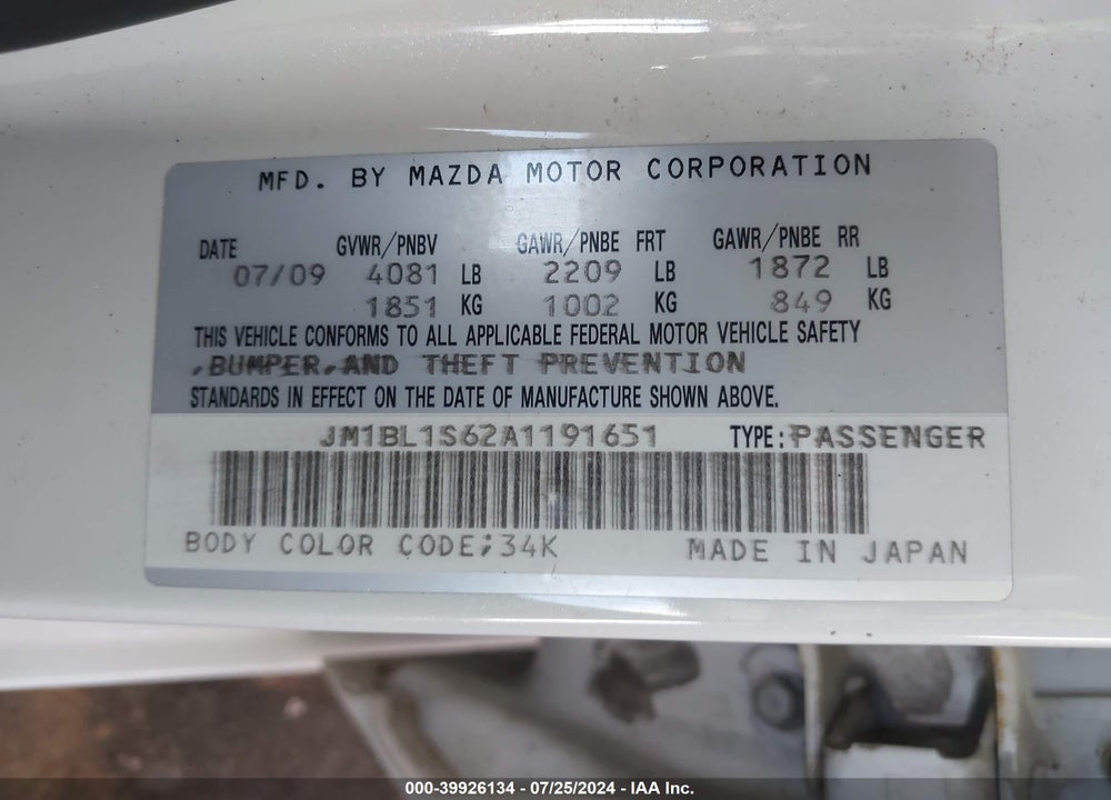 2010 MAZDA 3 S GRAND TOURING VIN: JM1BL1S62A1191651
