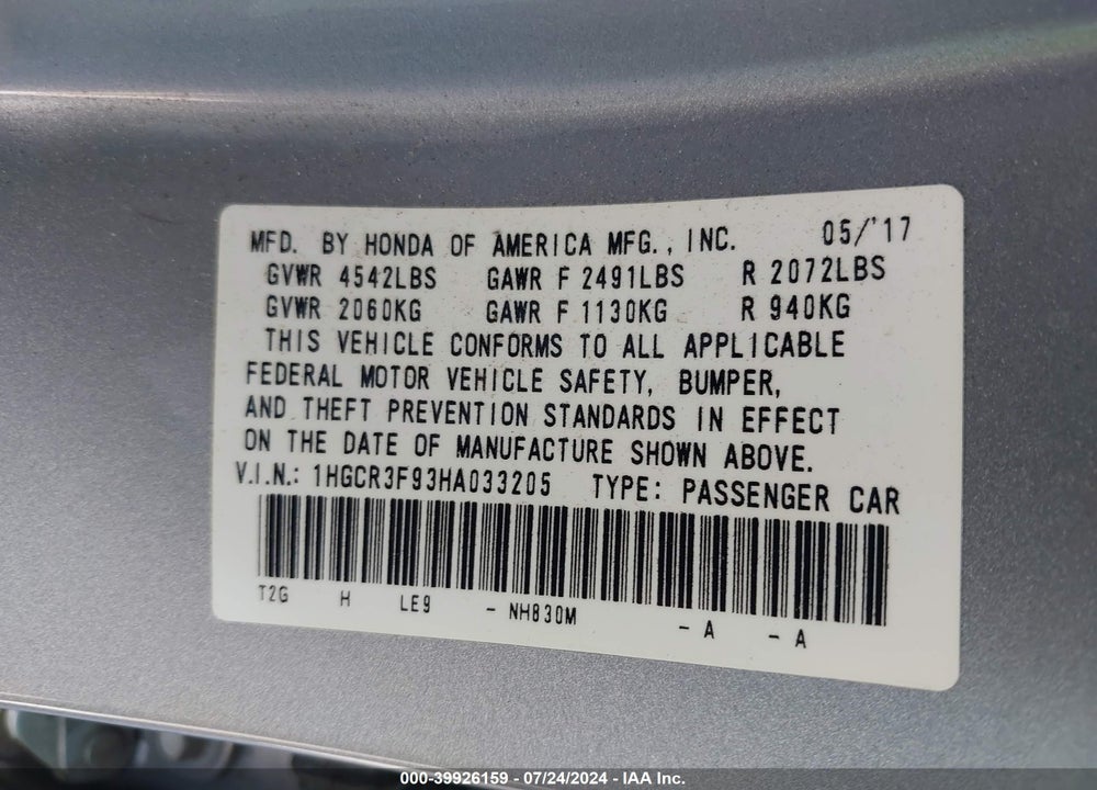 2017 HONDA ACCORD TOURING V6 VIN: 1HGCR3F93HA033205