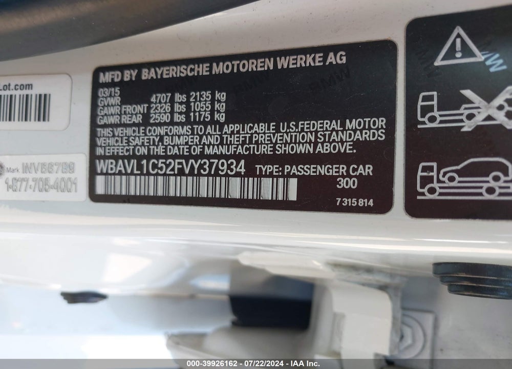 2015 BMW X1 XDRIVE28I VIN: WBAVL1C52FVY37934