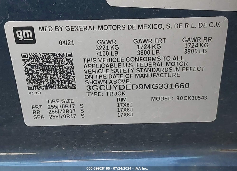 2021 CHEVROLET SILVERADO 1500 4WD SHORT BED LT VIN: 3GCUYDED9MG331660