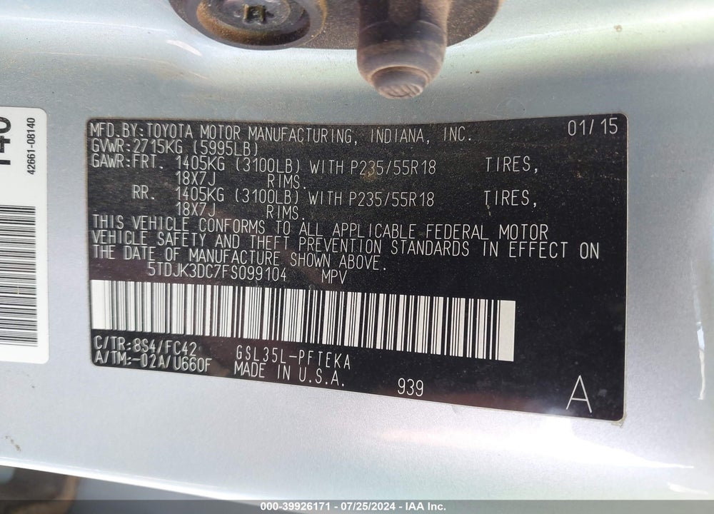 2015 TOYOTA SIENNA LE 7 PASSENGER VIN: 5TDJK3DC7FS099104