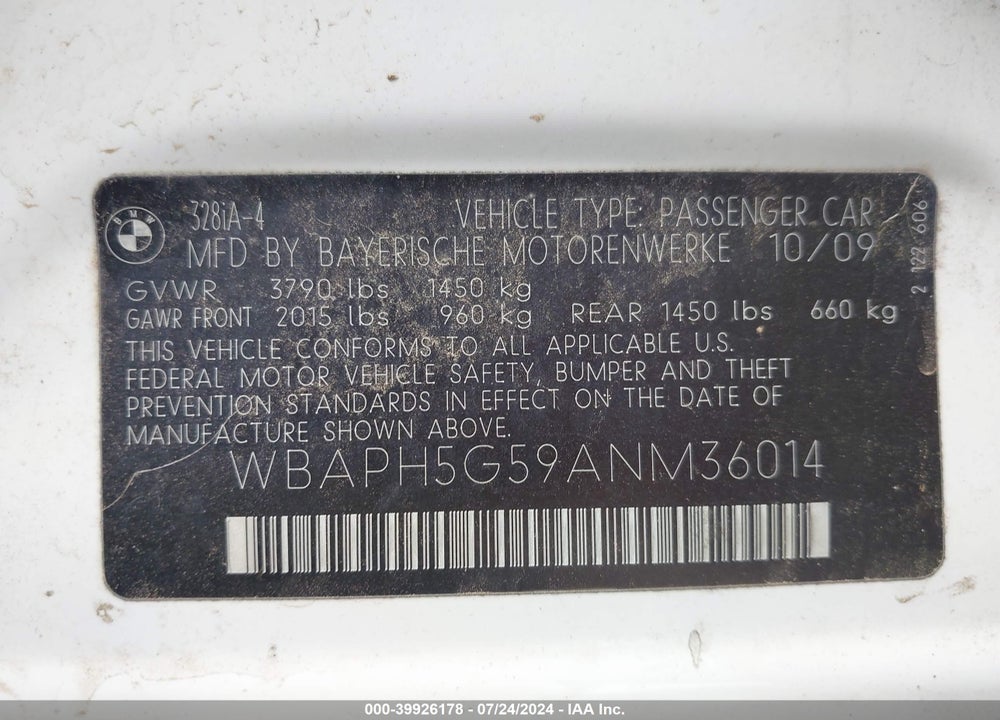 2010 BMW 328I VIN: WBAPH5G59ANM36014