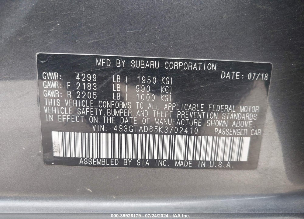 2019 SUBARU IMPREZA 2.0I PREMIUM VIN: 4S3GTAD65K3702410