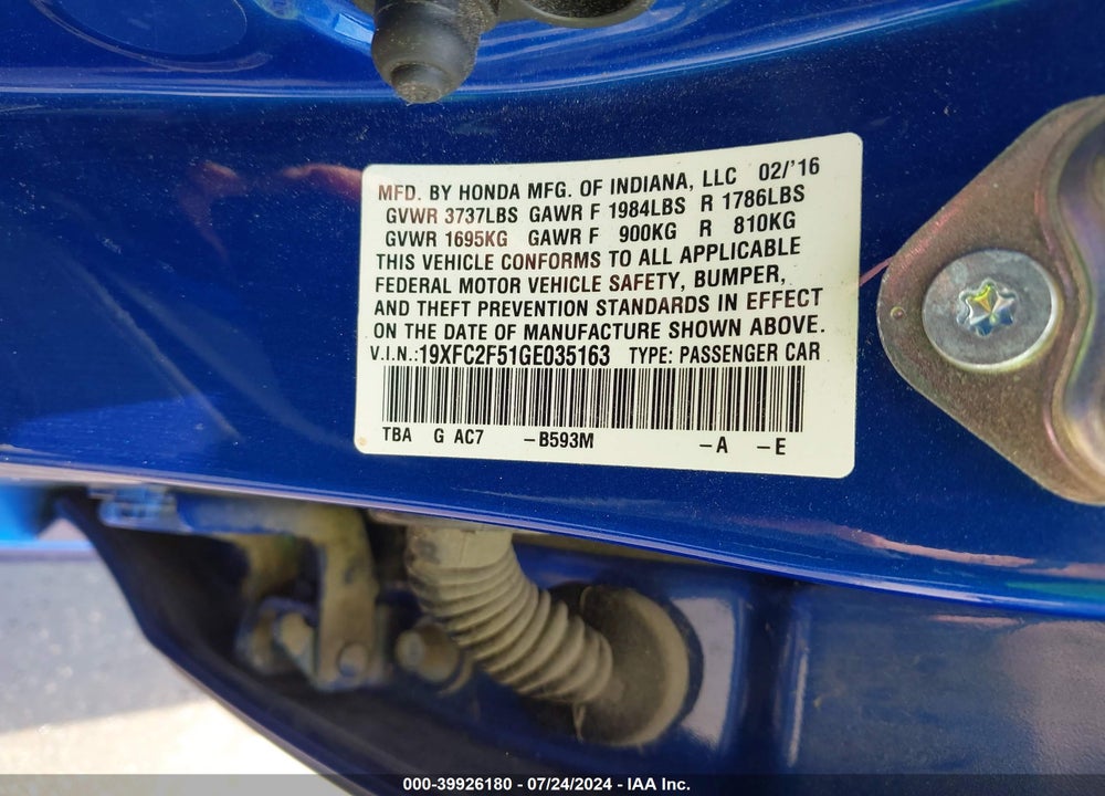 2016 HONDA CIVIC LX VIN: 19XFC2F51GE035163