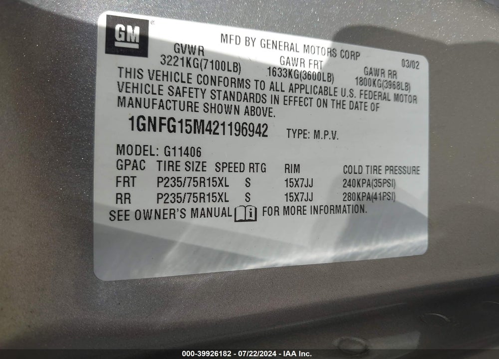 2002 CHEVROLET EXPRESS VIN: 1GNFG15M421196942