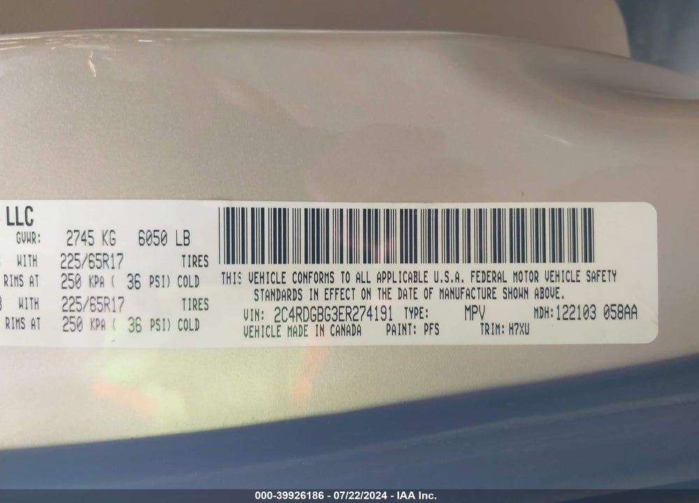 2014 DODGE GRAND CARAVAN AMERICAN VALUE PKG VIN: 2C4RDGBG3ER274191