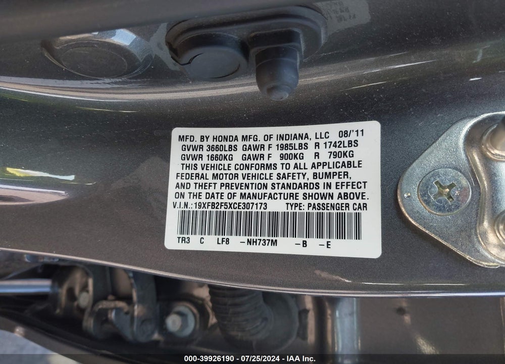 2012 HONDA CIVIC LX VIN: 19XFB2F5XCE307173