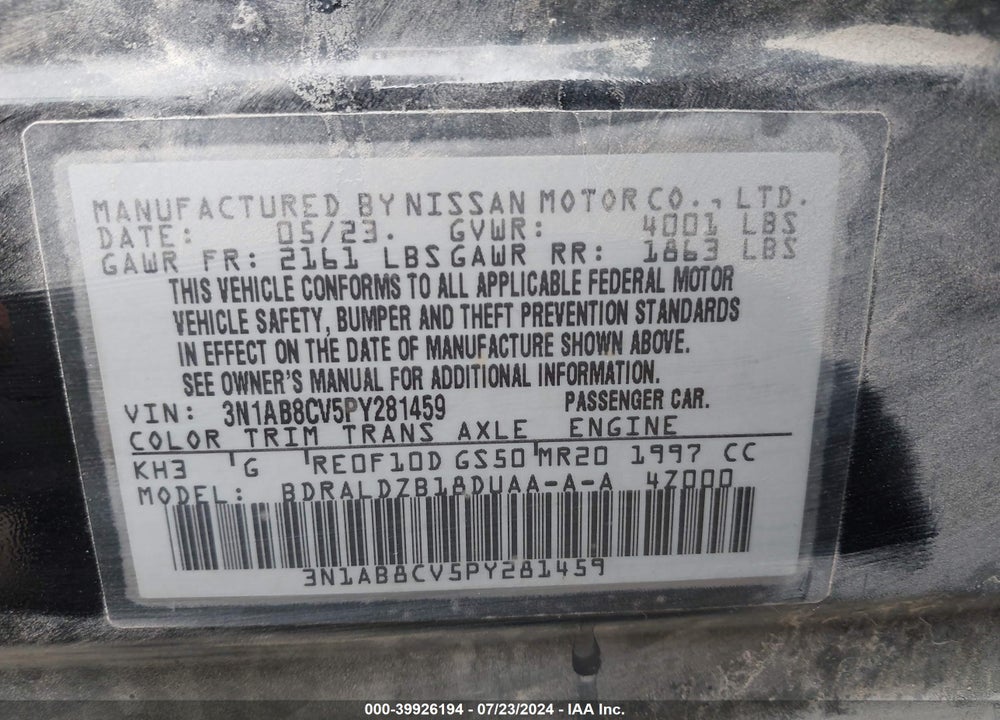 2023 NISSAN SENTRA SV XTRONIC CVT VIN: 3N1AB8CV5PY281459