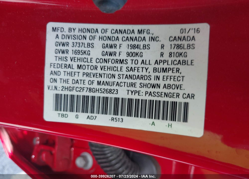 2016 HONDA CIVIC EX VIN: 2HGFC2F78GH526823