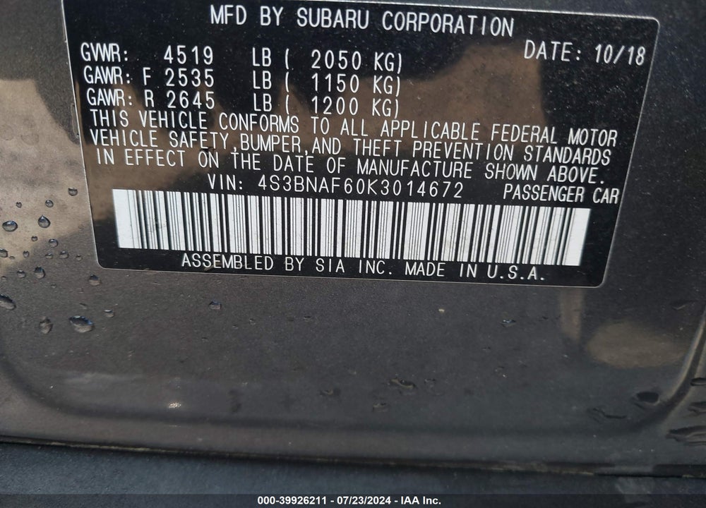 2019 SUBARU LEGACY VIN: 4S3BNAF60K3014672