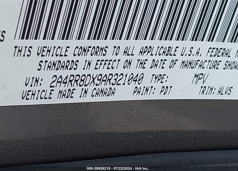 2010 CHRYSLER TOWN & COUNTRY TOURING PLUS VIN: 2A4RR8DX9AR321040