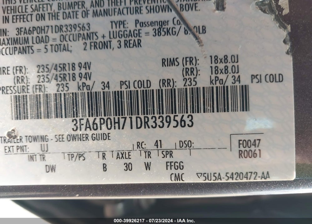 2013 FORD FUSION SE VIN: 3FA6P0H71DR339563