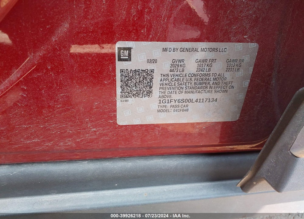 2020 CHEVROLET BOLT EV FWD LT VIN: 1G1FY6S00L4117134