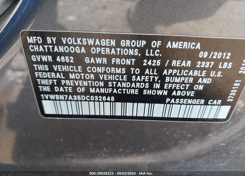2013 VOLKSWAGEN PASSAT 2.0L TDI SE VIN: 1VWBN7A35DC032648