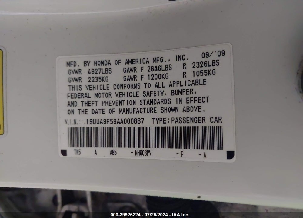 2010 ACURA TL 3.7 VIN: 19UUA9F59AA000887