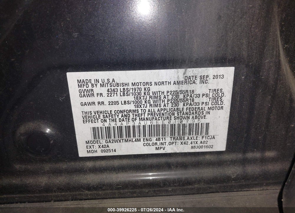 2014 MITSUBISHI OUTLANDER SPORT ES VIN: 4A4AP3AU6EE010795