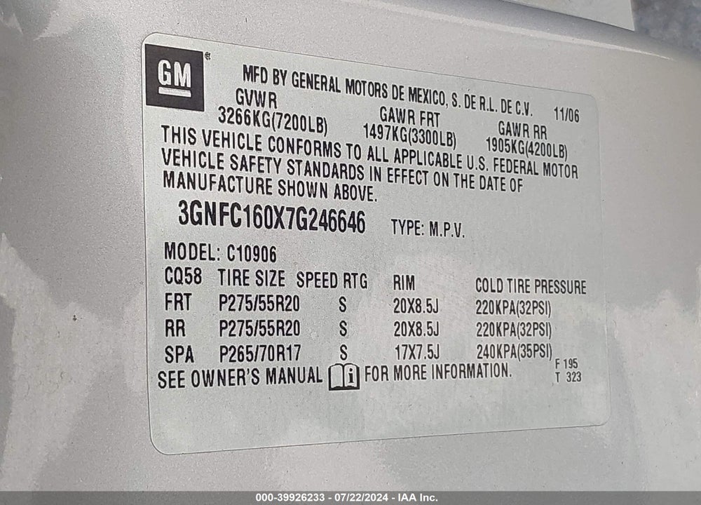2007 CHEVROLET SUBURBAN 1500 LT VIN: 3GNFC160X7G246646