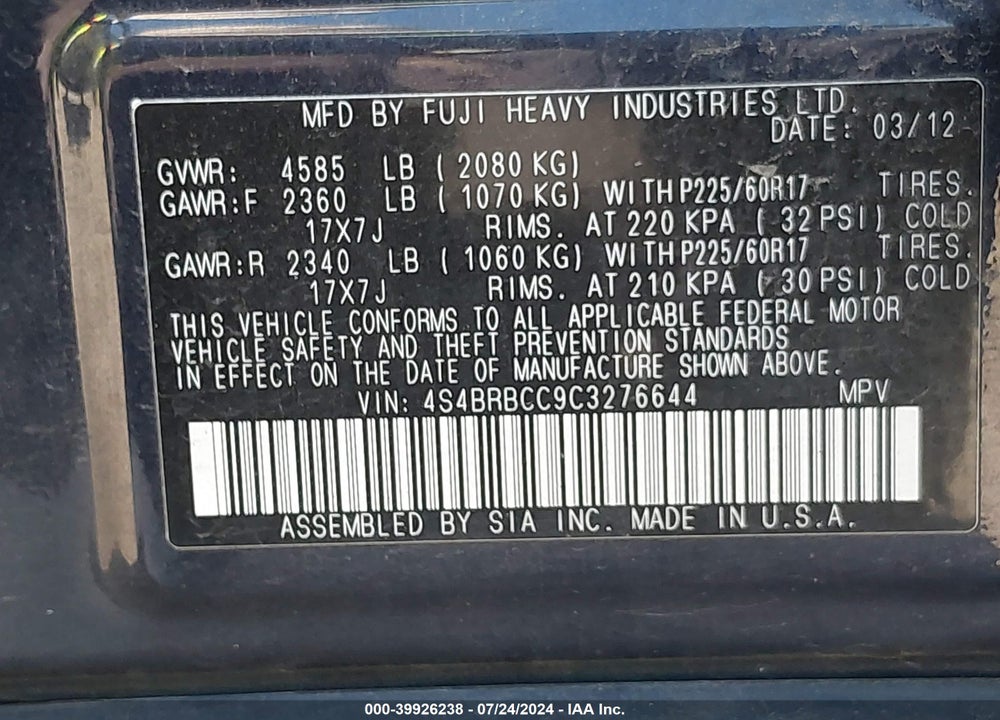 2012 SUBARU OUTBACK 2.5I PREMIUM VIN: 4S4BRBCC9C3276644