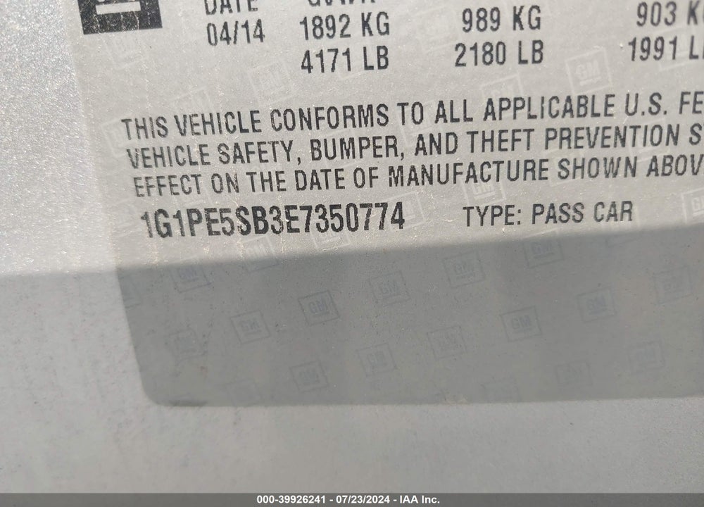 2014 CHEVROLET CRUZE 2LT AUTO VIN: 1G1PE5SB3E7350774
