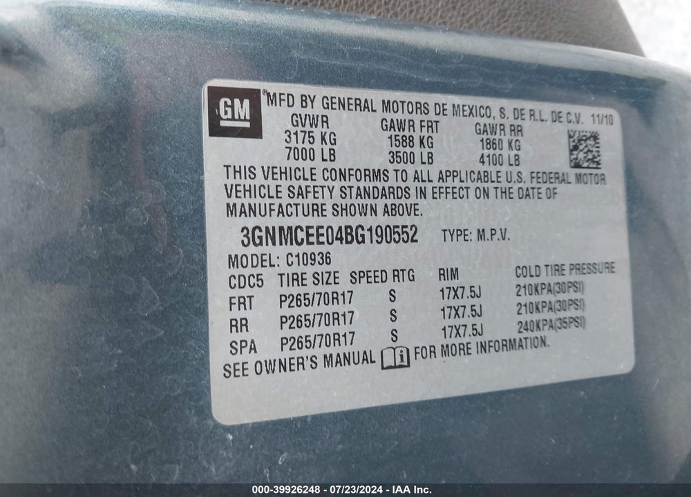 2011 CHEVROLET AVALANCHE 1500 LS VIN: 3GNMCEE04BG190552