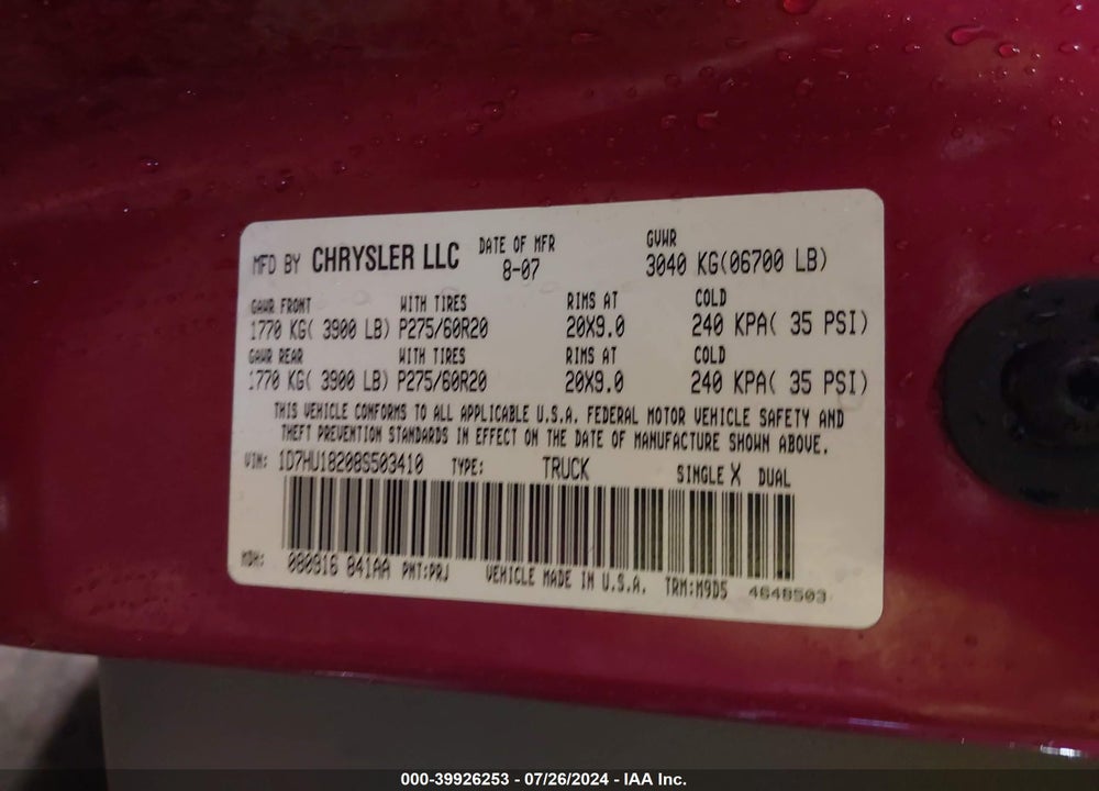 2008 DODGE RAM 1500 SLT VIN: 1D7HU18208S503410