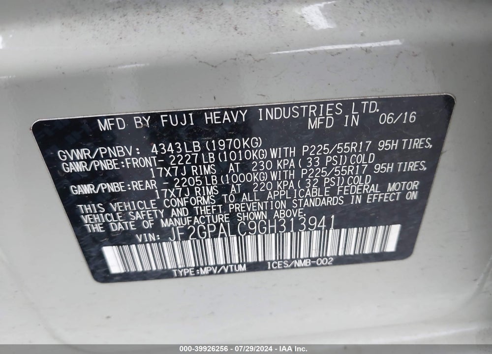 2016 SUBARU CROSSTREK 2.0I LIMITED VIN: JF2GPALC9GH313941