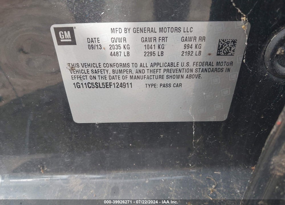 2014 CHEVROLET MALIBU 1LT VIN: 1G11C5SL5EF124911