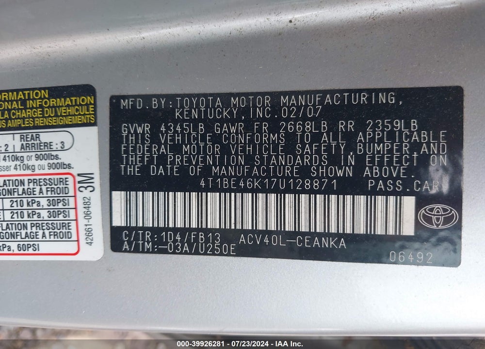 2007 TOYOTA CAMRY LE VIN: 4T1BE46K17U128871