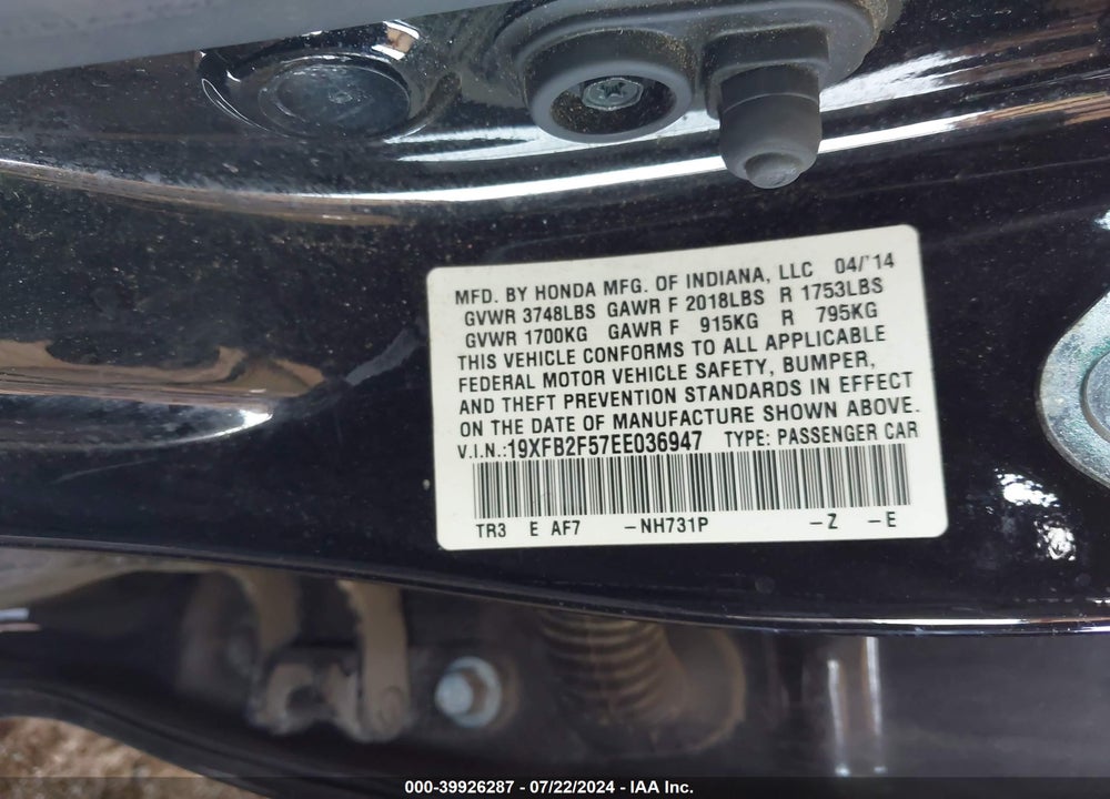 2014 HONDA CIVIC LX VIN: 19XFB2F57EE036947