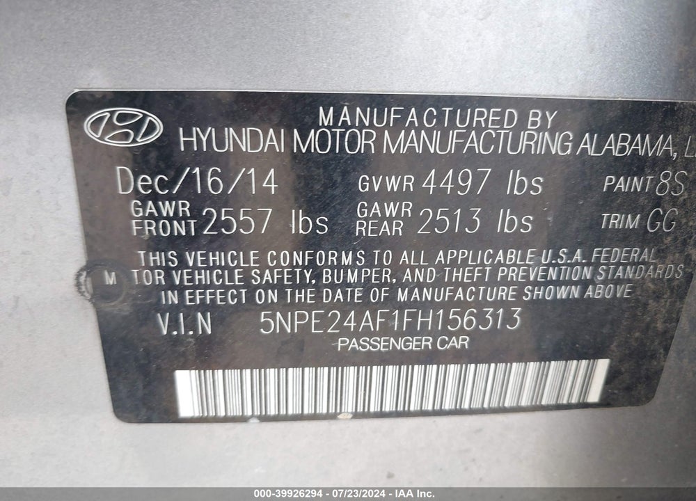 2015 HYUNDAI SONATA SE VIN: 5NPE24AF1FH156313