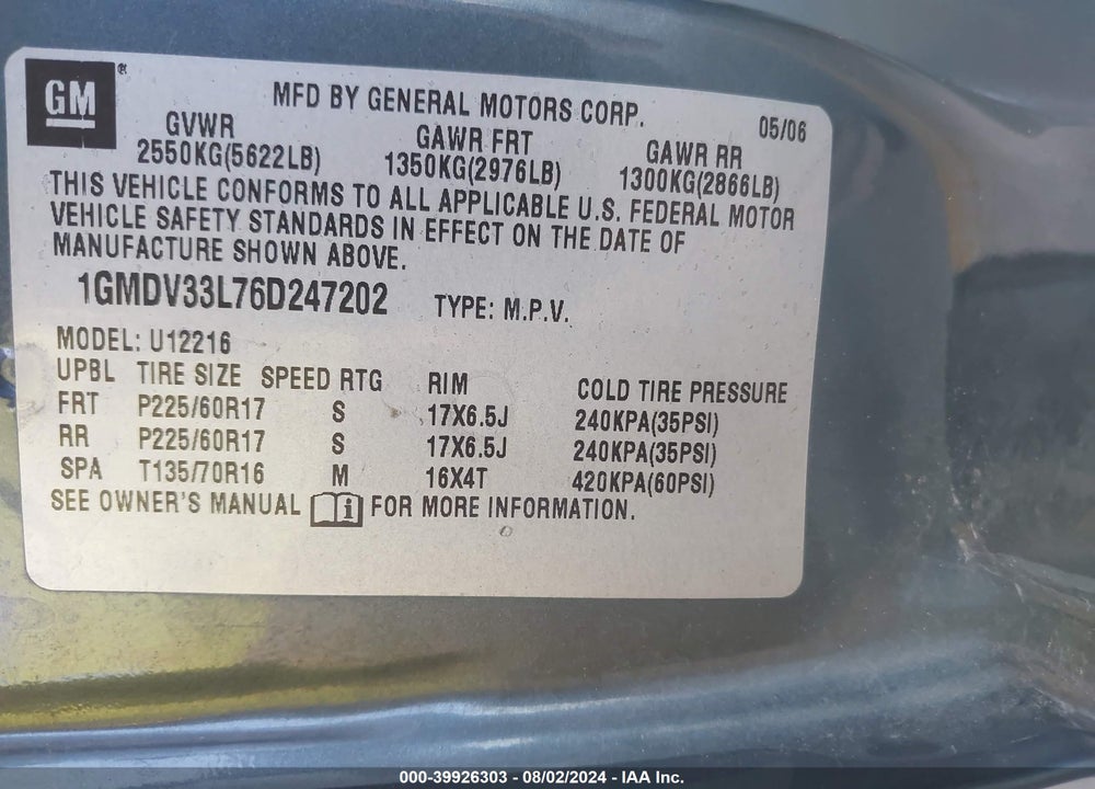 2006 PONTIAC MONTANA SV6 VIN: 1GMDV33L76D247202