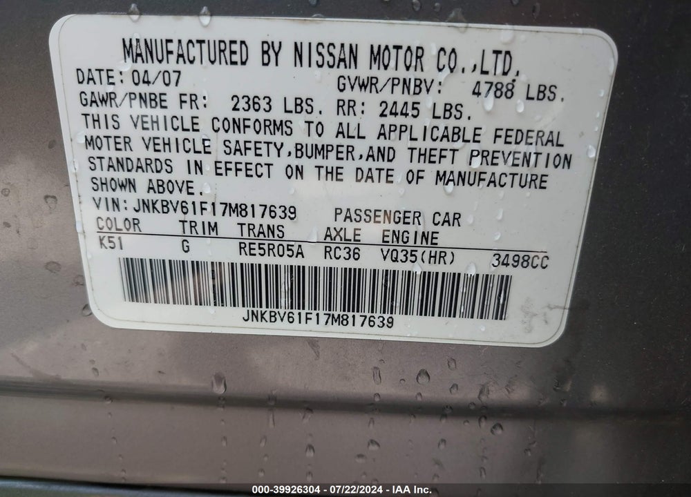 2007 INFINITI G35X VIN: JNKBV61F17M817639