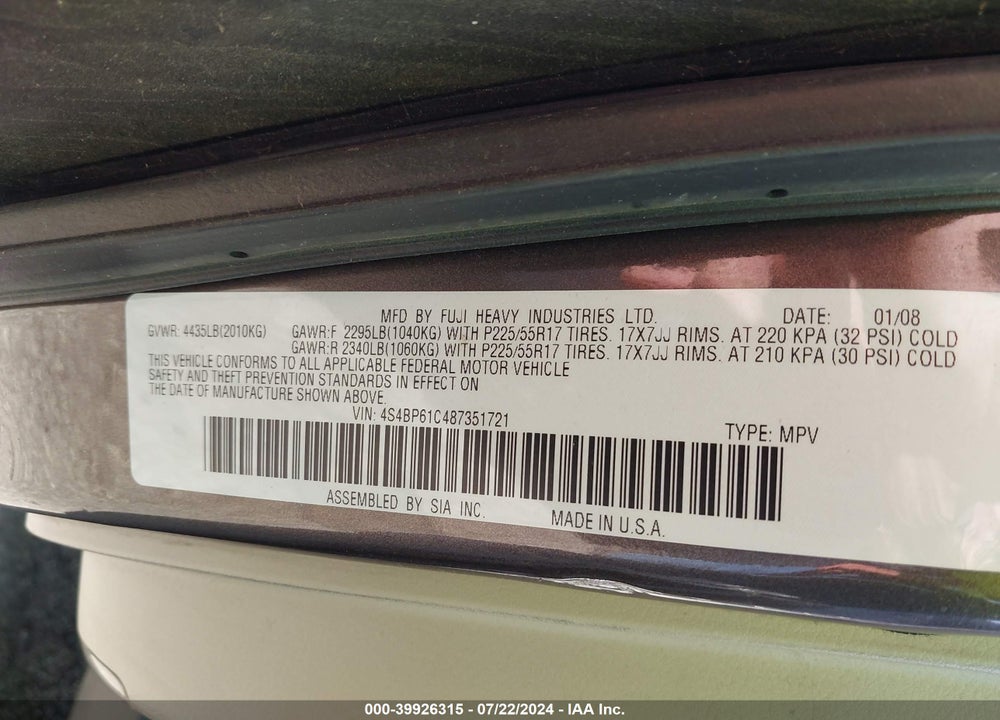 2008 SUBARU OUTBACK 2.5I/2.5I L.L. BEAN EDITION VIN: 4S4BP61C487351721