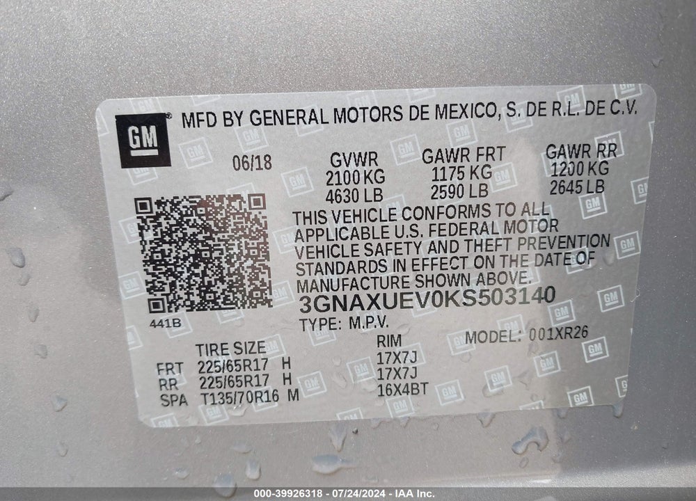 2019 CHEVROLET EQUINOX LT VIN: 3GNAXUEV0KS503140
