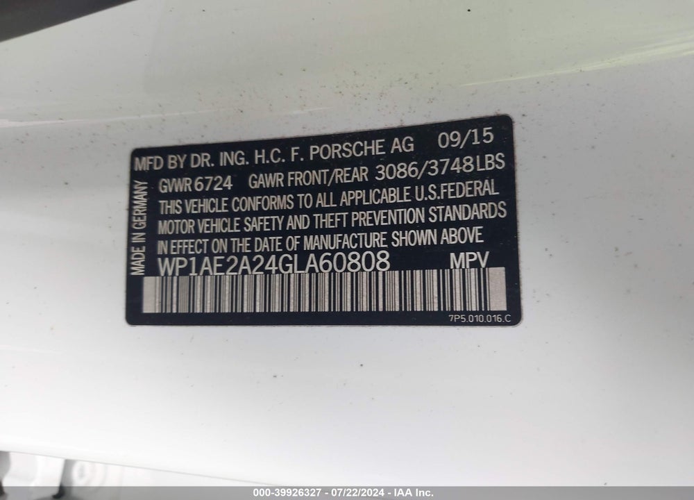 2016 PORSCHE CAYENNE E-HYBRID S VIN: WP1AE2A24GLA60808