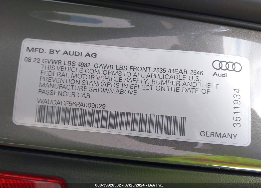 2023 AUDI A5 SPORTBACK PREMIUM 45 TFSI S LINE QUATTRO S TRONIC VIN: WAUDACF56PA009029