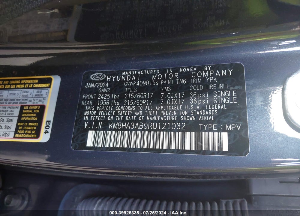 2024 HYUNDAI KONA SE VIN: KM8HA3AB9RU121032
