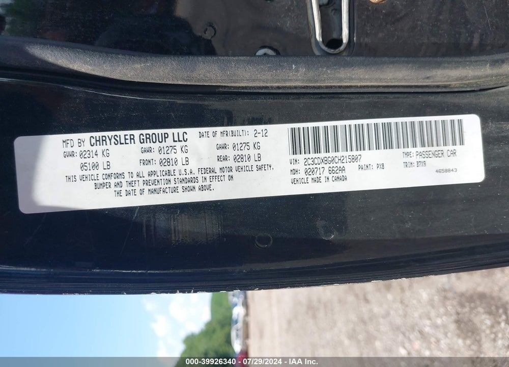 2012 DODGE CHARGER SE VIN: 2C3CDXBG0CH215807
