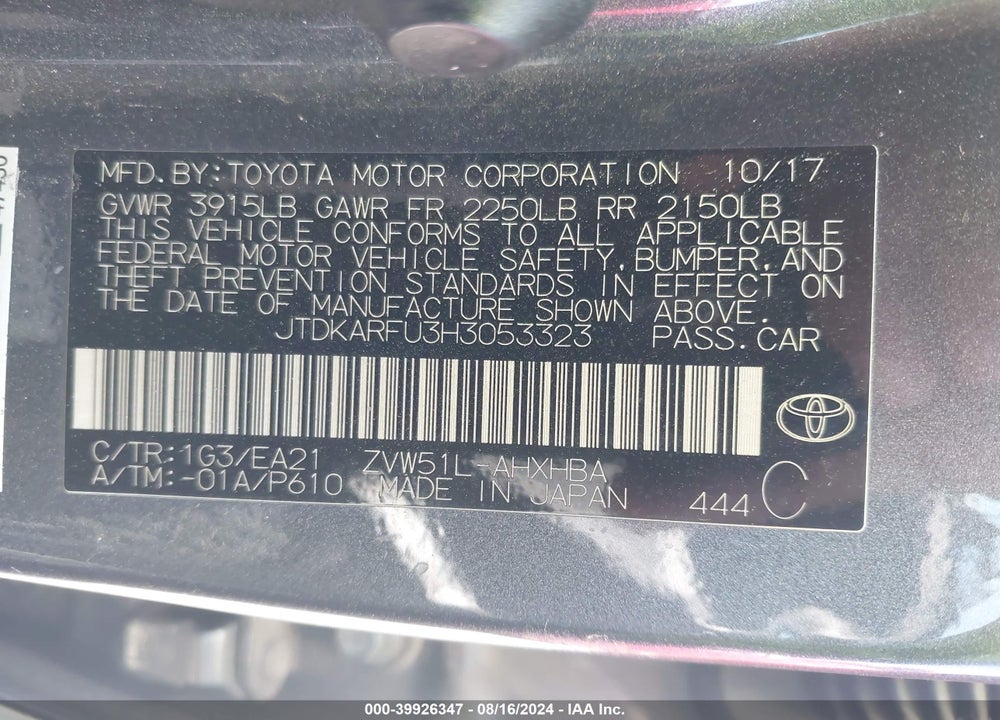 2017 TOYOTA PRIUS THREE TOURING VIN: JTDKARFU3H3053323