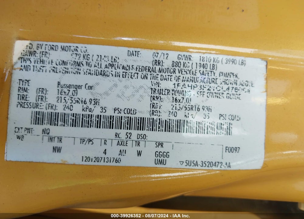 2012 FORD FOCUS SE VIN: 1FAHP3F21CL476064