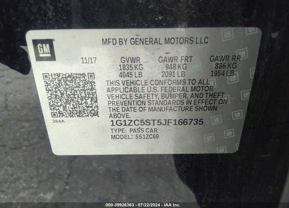 2018 CHEVROLET MALIBU 1FL VIN: 1G1ZC5ST5JF166735