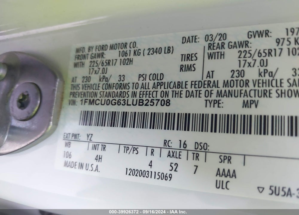 2020 FORD ESCAPE SE VIN: 1FMCU0G63LUB25708