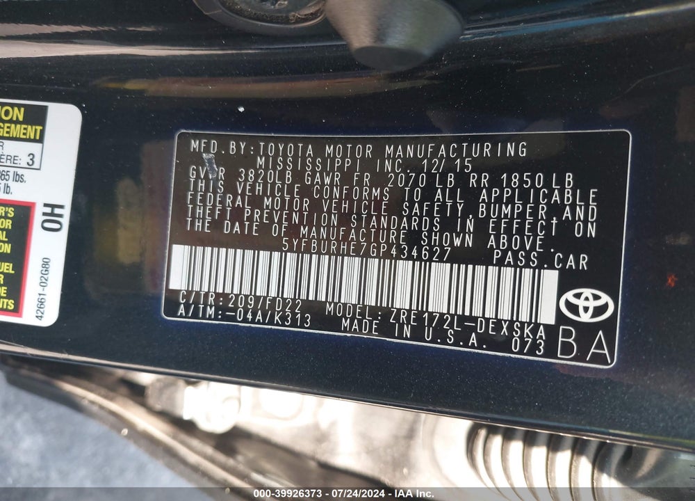 2016 TOYOTA COROLLA S PLUS VIN: 5YFBURHE7GP434627