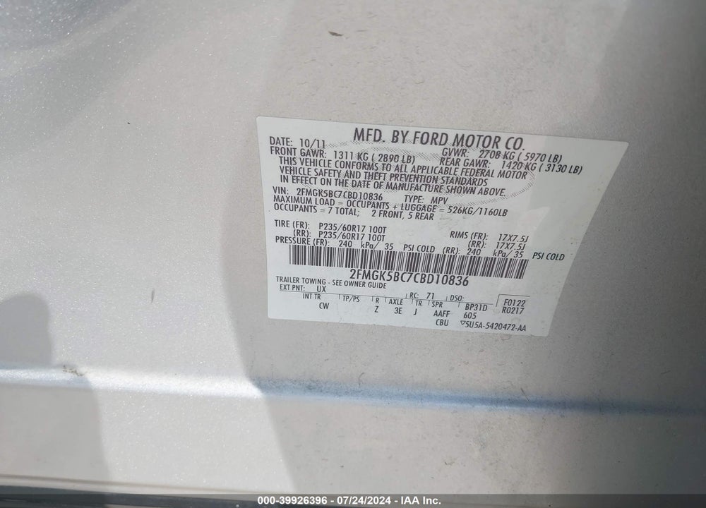 2012 FORD FLEX SE VIN: 2FMGK5BC7CBD10836