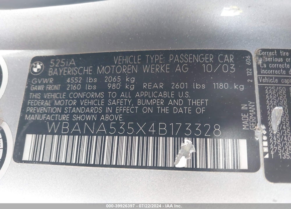 2004 BMW 525I VIN: WBANA535X4B173328