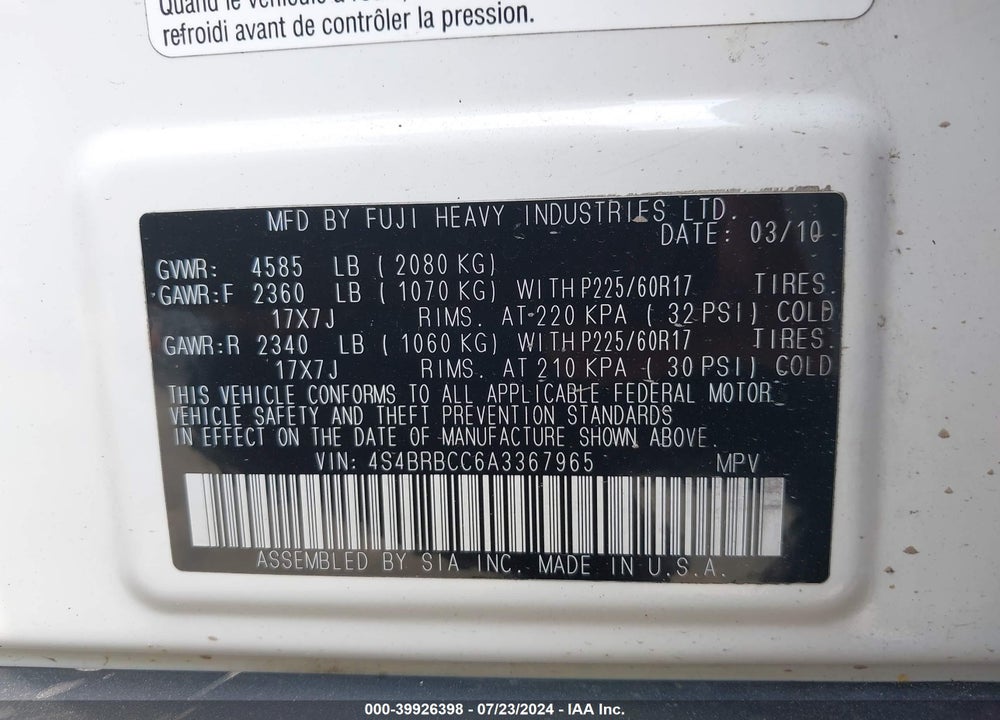 2010 SUBARU OUTBACK 2.5I PREMIUM VIN: 4S4BRBCC6A3367965