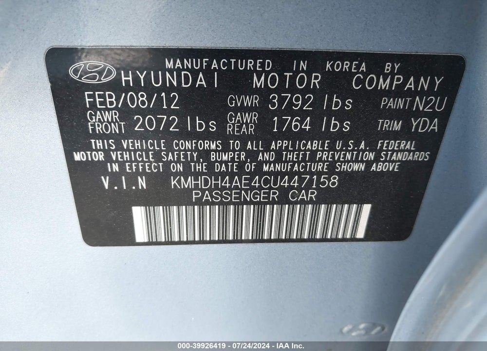 2012 HYUNDAI ELANTRA LIMITED (ULSAN PLANT) VIN: KMHDH4AE4CU447158