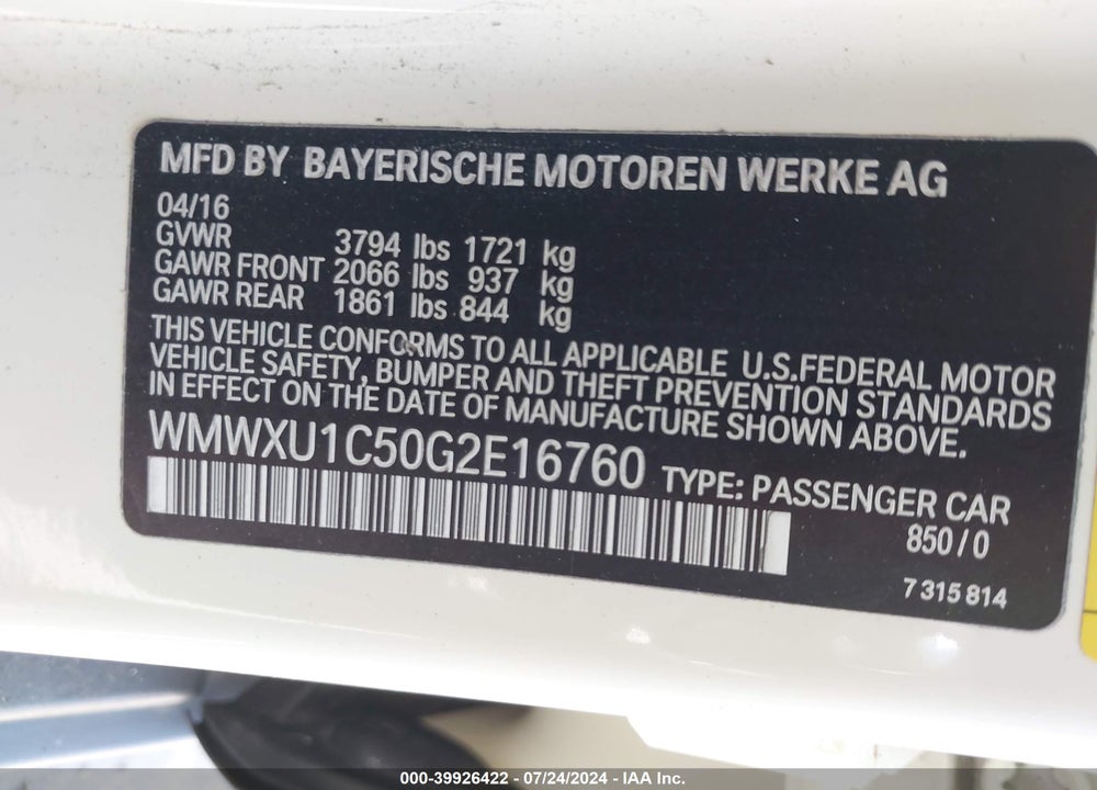 2016 MINI HARDTOP COOPER VIN: WMWXU1C50G2E16760