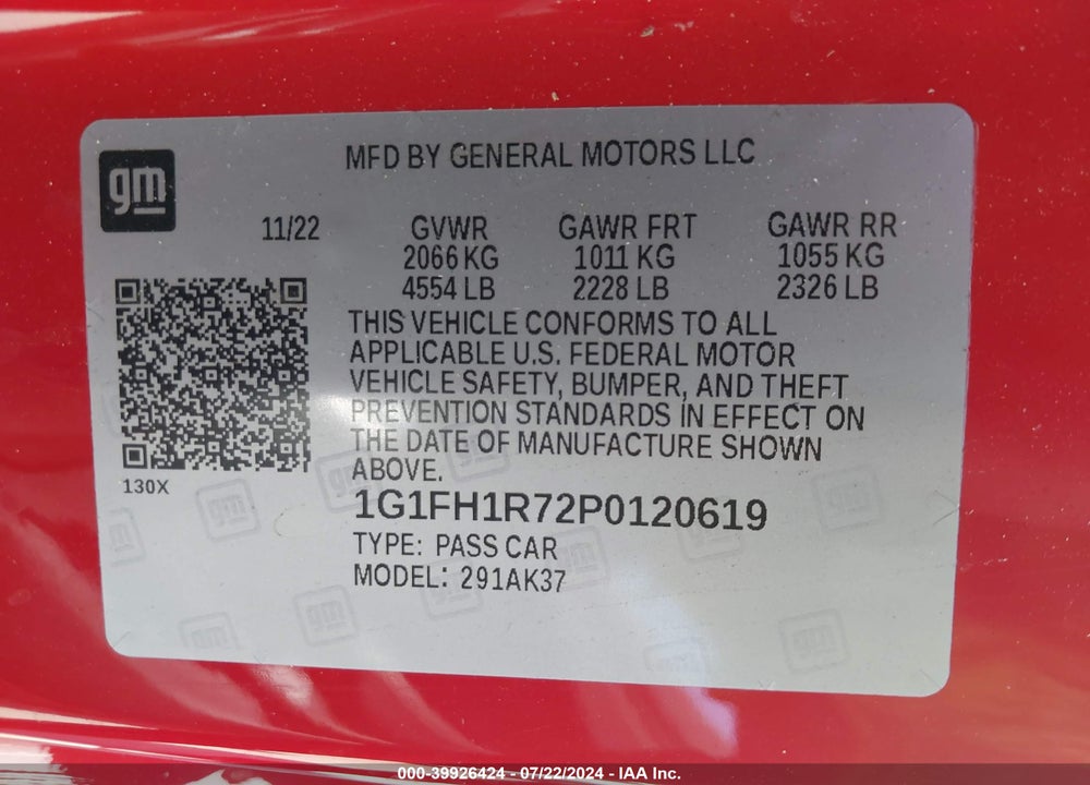 2023 CHEVROLET CAMARO RWD 2SS VIN: 1G1FH1R72P0120619