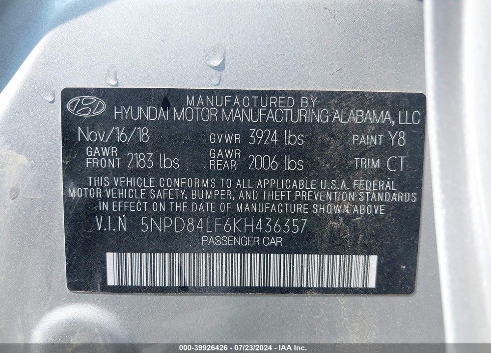 2019 HYUNDAI ELANTRA VALUE EDITION VIN: 5NPD84LF6KH436357